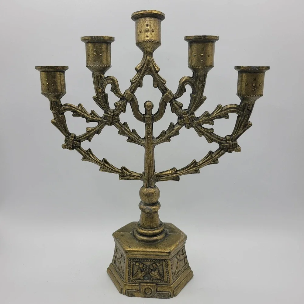 Vintage Brass‎ Menorah Candlestick Holder Ornate Octagon Base 5 Candle